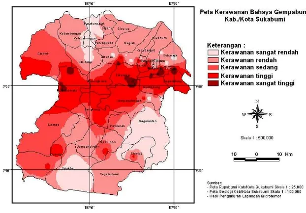 Gambar 5. Peta tingkat kerawanan gempabumi Kabupaten dan Kota Sukabumi. 