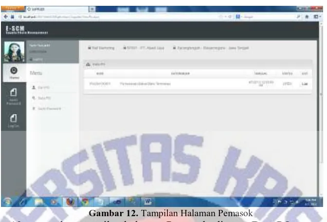 Gambar 12. Tampilan Halaman Pemasok Gambar 12 merupakan tampilan halaman Pemasok, dimana Data PO yang telah dipesan 