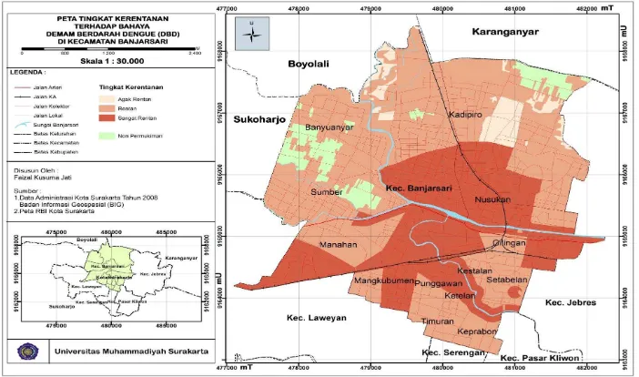 Gambar 4.1 Peta Tingkat Kerentanan Terhadap Bahaya Demam Berdarah Dengue di Kecamatan Banjarsari, Kota Surakarta 