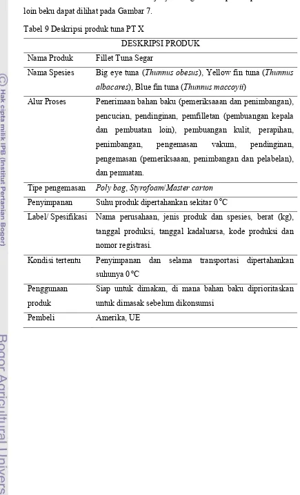 Tabel 9 Deskripsi produk tuna PT X 