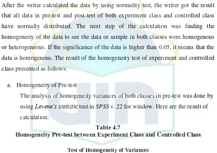 Table 4.7 Homogeneity Pre-test between Experiment Class and Controlled Class 