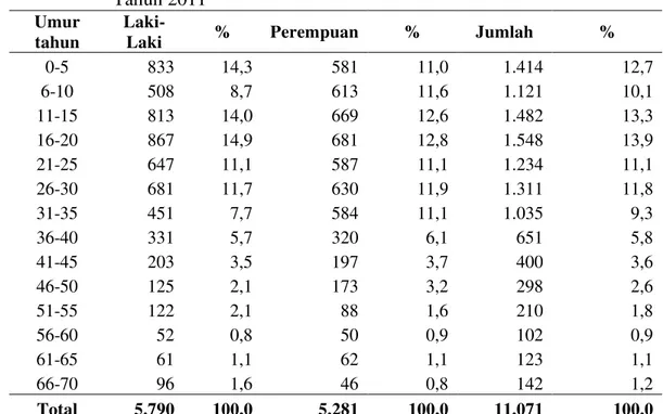 Tabel  3.    Jumlah  Penduduk  Laki-laki  dan  Perempuan  serta  Persentasenya,   Menurut  Golongan  Umur,  Desa  Dramaga,  Kecamatan  Dramaga,  Tahun 2011 