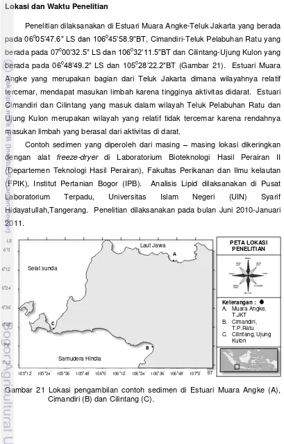 Gambar 21 Lokasi pengambilan contoh sedimen di Estuari Muara Angke (A), 
