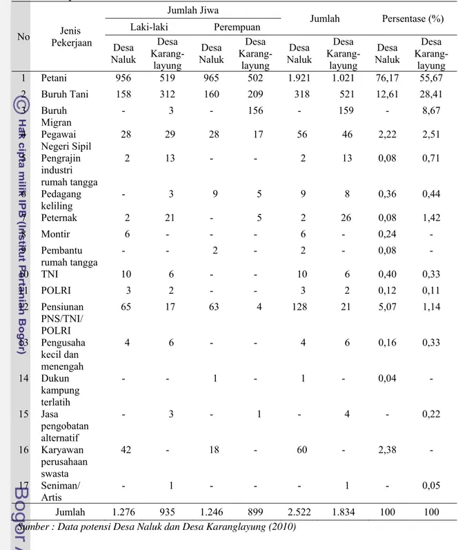 Tabel 5  Klasifikasi penduduk Desa Naluk dan Karanglayung berdasarkan mata  pencaharian   No  Jenis   Pekerjaan  Jumlah Jiwa  Jumlah Persentase  (%) Laki-laki Perempuan  Desa  Naluk  Desa   Karang-layung  Desa  Naluk  Desa  Karang-layung  Desa  Naluk  Desa