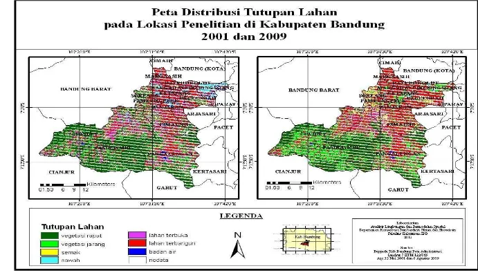 Gambar 13  Peta tutupan lahan pada lokasi penelitian di Kabupaten Bandung tahun 2001 dan 2009