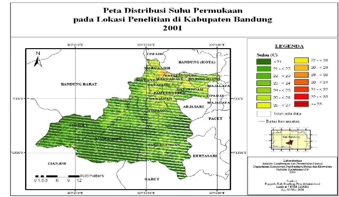 Gambar 15  Peta sebaran suhu permukaan pada lokasi penelitian di Kabupaten Bandung tahun 2001