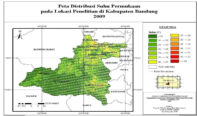Gambar 16  Peta sebaran suhu permukaan pada lokasi penelitian di Kabupaten Bandung tahun 2009