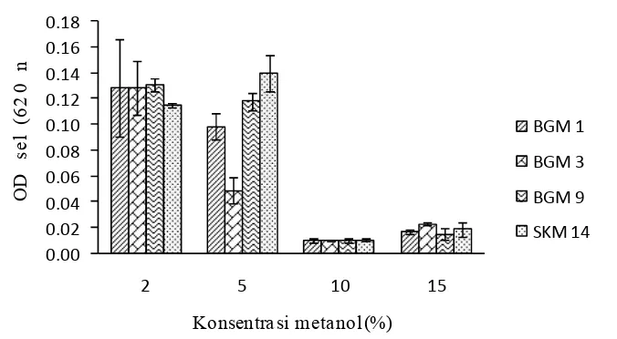 Gambar 2 Pertumbuhan sel kultur selama 14 hari pada media NMS cairdengan empat perlakuan konsentrasi metanol.