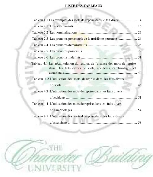 Tableau 1.1 Les exemples des mots de reprise dans le fait divers ...................    4 