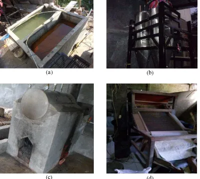 Gambar 1 Unit pengolahan beras pratanak : bak perendaman (a), tangki pengukusan (b),  steam boiler (c), dan alat sortir (d)                (d) 