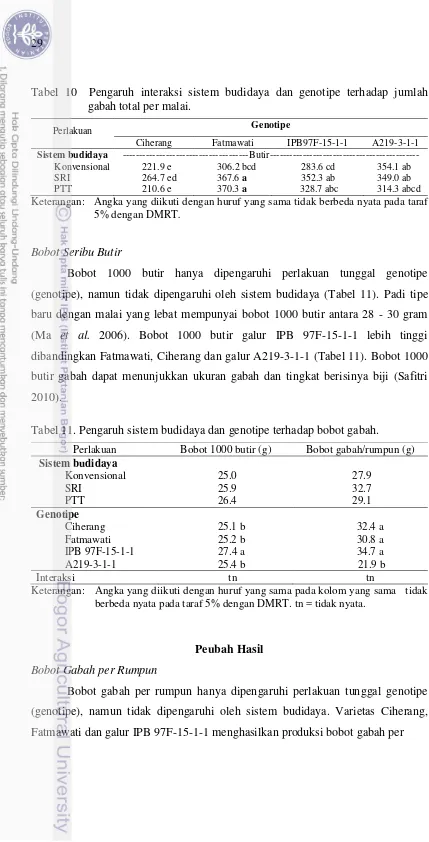 Tabel 10  Pengaruh interaksi sistem budidaya dan genotipe terhadap jumlah   gabah total per malai