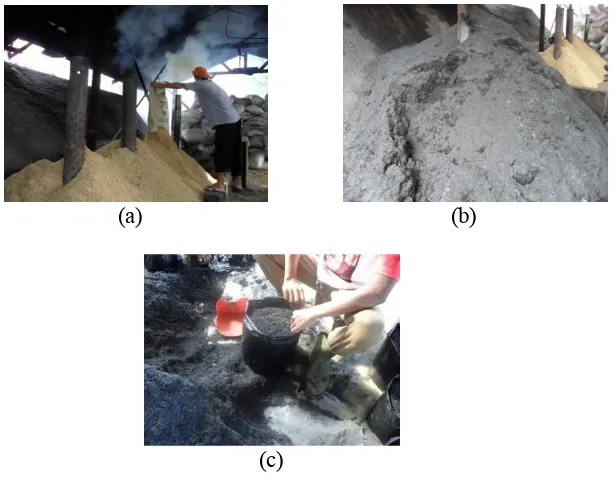 Gambar 9. (a) Kegiatan Pembakaran Sekam di Rumah Pembakaran Sekam, (b) Arang Sekam yang Sudah Jadi, (c) Pengisian Polibag dengan Arang Sekam  