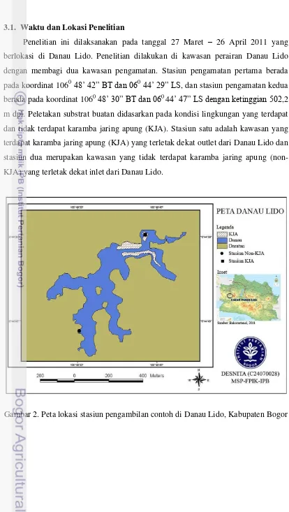 Gambar 2. Peta lokasi stasiun pengambilan contoh di Danau Lido, Kabupaten Bogor 