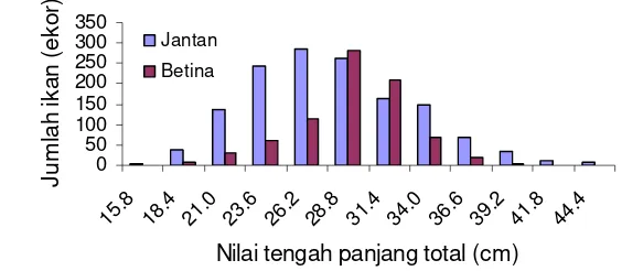 Gambar 15.   Sebaran ukuran panjang total ikan butini (G. matanensis) jantandan betina selama Mei 2006 - April 2007 di Danau Towuti.