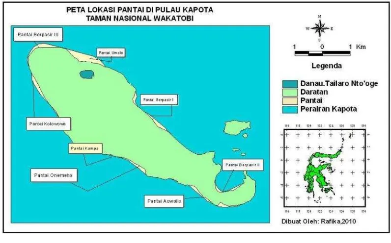 Gambar 16  Peta posisi/letak lokasi pantai berpasir di Pulau Kapota. 