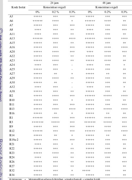 Tabel 4. Intensitas pertumbuhan BAL isolat ASI pada MRSB yang mengandung 0% (kontrol), 0.2%, dan 0.3% oxgall 