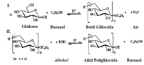 Gambar 3 Proses sintesis APG dua tahap (Hill 2000) : (I) Reaksi butanolisis (II) 