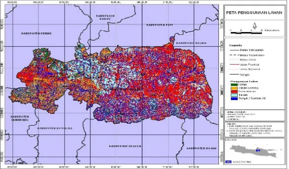 Gambar 8 Peta tutupan lahan Kabupaten Grobogan dari citra lansat ETM (Rahayuningsih dan Abdullah 2008)
