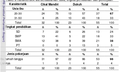 Tabel 8 Karakteristik ibu berdasarkan usia, tingkat pendidikan dan pekerjaan 