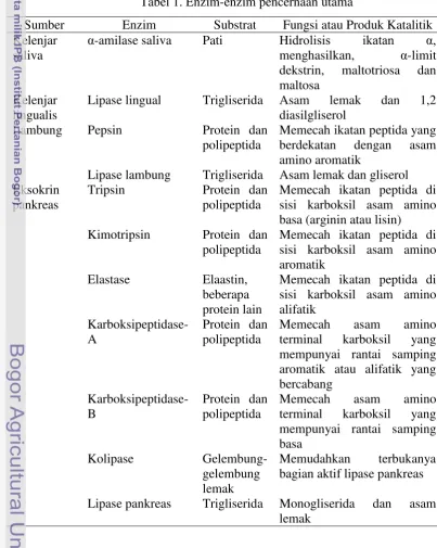 Tabel 1. Enzim-enzim pencernaan utama 