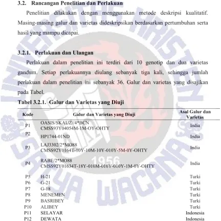 Tabel 3.2.1.  Galur dan Varietas yang Diuji 