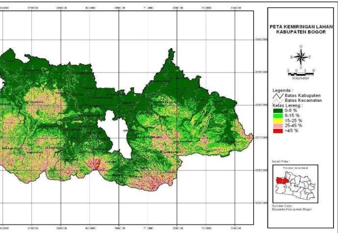 Gambar 6  Peta Kemiringan Lahan Kabupaten Bogor. 