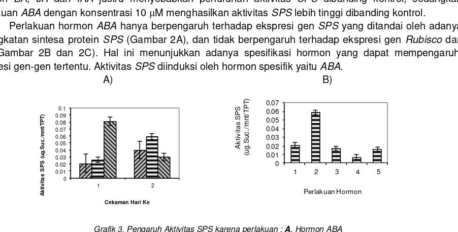 Grafik 3. Pengaruh Aktivitas SPS karena perlakuan : A               B. 1= Kontrol, 2= ABA, 3=BA, 4= JA dan 5= IAA masing-masing dengan konsentrasi 10                (  