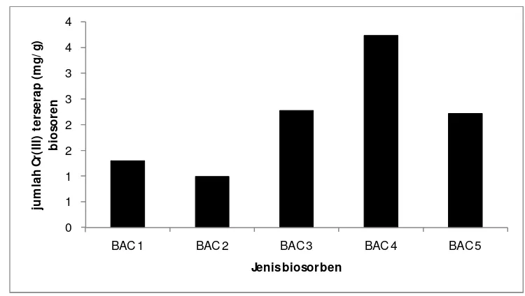 Gambar 1. Grafik jumlah Cr(III) terserap pada berbagai biosorben teraktivasi asam klorida ( 2 gram biosorben : 25 mL asam, waktu kontak 2 jam) 