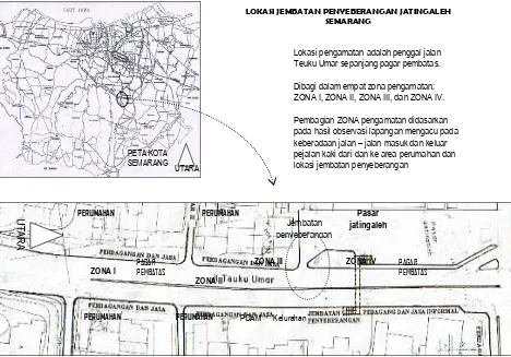 Gambar 1. Lokasi seting perilaku jembatan penyeberangan Jatingaleh Semarang dan pembagian zona  untuk penelitian (peta dasar, sumber: Dinas Tata Kota Semarang, 2004)