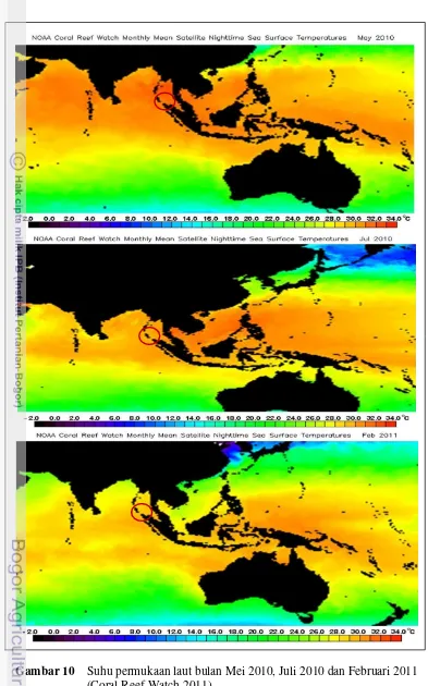 Gambar 10    Suhu permukaan laut bulan Mei 2010, Juli 2010 dan Februari 2011  