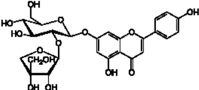 Gambar 1. Stuktur apiin (Sinonim apiin Apigenin-7-(2-O-apiosilglukosida), 7-[2-O-(Apio-b-D-furanosi)l-b-Dglukopiranosil)oksi]-5-hidroksi-2-(4-hidroksiphenil)-4H-1-benzopiran-4-1
