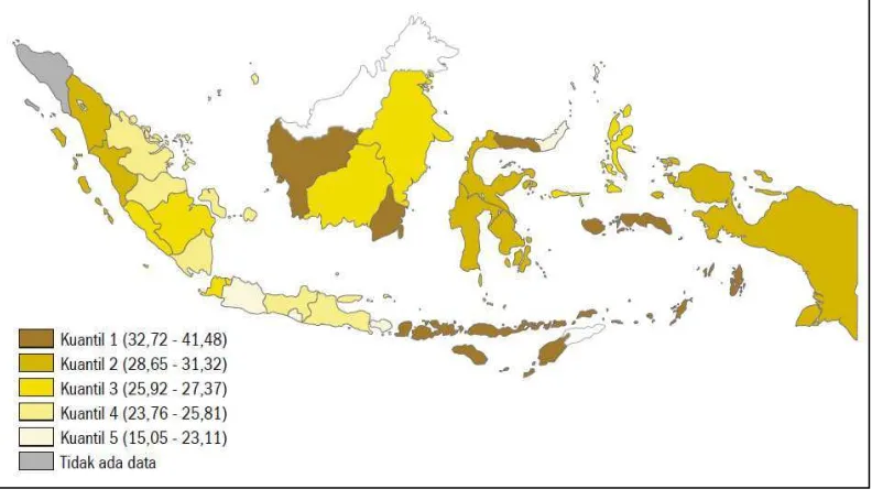 Gambar 6. Persebaran persentase balita yang mengalami kekurangan gizi  (gizi buruk ditambah gizi kurang) menurut provinsi, tahun 2005  (Sumber: BPS, 2005 dalam BAPPENAS, 2007) 