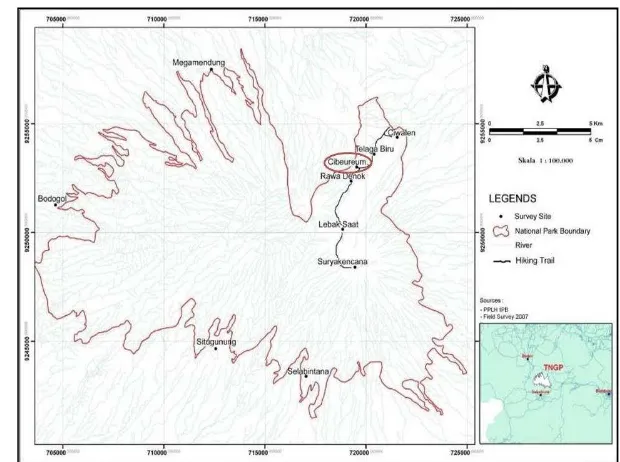 Gambar 2  Lokasi penelitian Sungai Cibeureum TNGGP. 