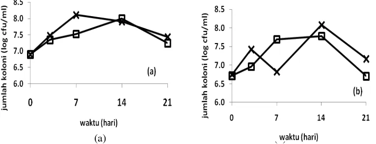 Gambar 6 Pertumbuhan mikroba pada konsorsium kotoran sapi  (□) dan kuda (×) dengan penambahan LMB 5 % (b/v) (a) dan 10 % (b/v) (b)  