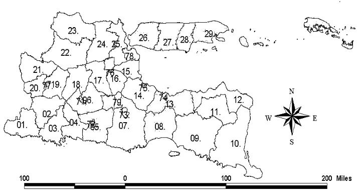 Gambar 2.  Peta Administratif Wilayah Kabupaten/Kota di Jawa Timur