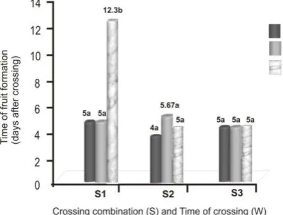 Figure 2. The time needed of fruit formation of the crossing of Vanda tricolor (male) and Phalaenopsis sp.(female) at different time of crossing execution