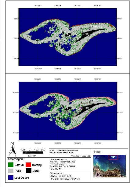 Gambar 5. Peta klasifikasi habitat dasar perairan Pulau Pari berdasarkan klasifikasi unsupervised (atas) dan algoritma Lyzenga (bawah) 