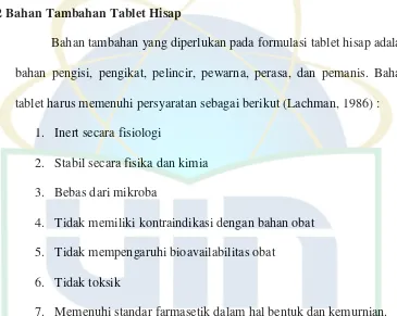 tablet harus memenuhi persyaratan sebagai berikut (Lachman, 1986) :