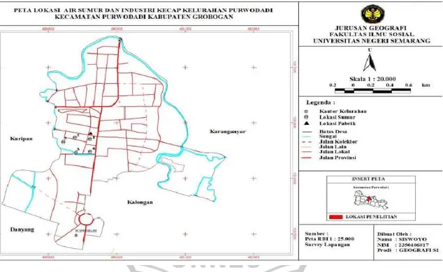 Gambar 3 : Peta Lokasi Pengambilan Sample Air Sumur dan Lokasi Industri Kecap di Kelurahan Purwodadi Kecamatan Purwodadi Kabupaten Grobogan 