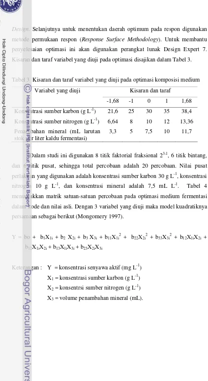 Tabel 3  Kisaran dan taraf variabel yang diuji pada optimasi komposisi medium 