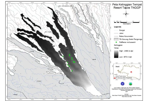 Gambar 11  Peta ketinggian tempat Resort Tapos TNGGP. 