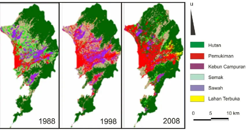 Gambar 1. Model Spasial Perubahan Tutupan Lahan di Kota Padang (Periode tahun1988-1998 dan 1998-2008)