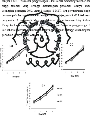 Gambar 2. Tinggi Tanaman Baby Kailan pada Berbagai Ketinggian Genangan Sistem Hidroponik commit to user Ebb and Flow dengan Frekuensi Penggenangan Nutrisi 2 Hari Sekali (a), 1 Kali Sehari (b) dan 2 Kali Sehari (c)