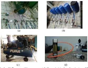 Gambar 13. Komponen dalam penerapan teknik aerasi : (a) selang dan pipa termodifikasi, (b) proses aerasi aktif, (c) compressor, dan (d) Flowmeter 