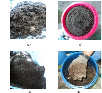 Gambar 23. Penampakan fisik bahan baku : (a) bagasse ukuran besar, (b) sludge lembut,  (c) bagasse ukuran diperkecil, dan (d) campuran bagasse dan sludge (co-composting) 