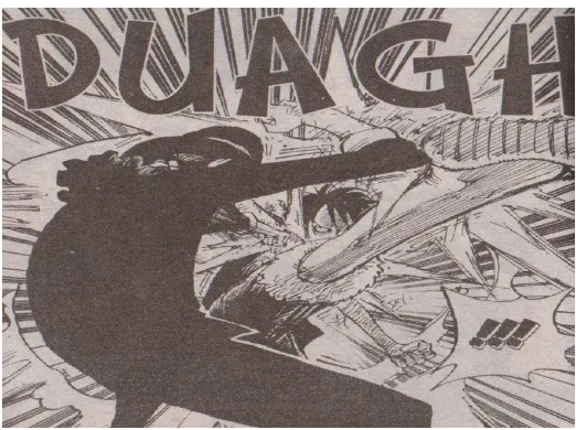 Gambar. 2 sebuah contoh gambar adegan kekerasan  saat Luffy menendang Jaburo. Sumber: buku komik One Piece seri 42