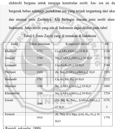 Tabel 1. Jenis Zeolit yang di temukan di Indonesia 