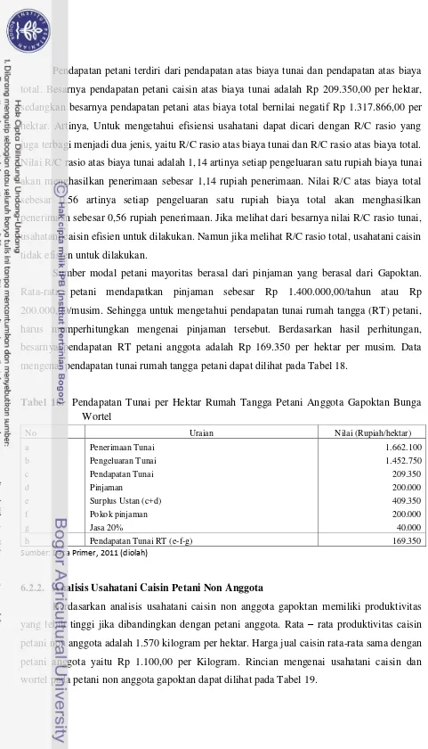 Tabel 18.  Pendapatan Tunai per Hektar Rumah Tangga Petani Anggota Gapoktan Bunga 