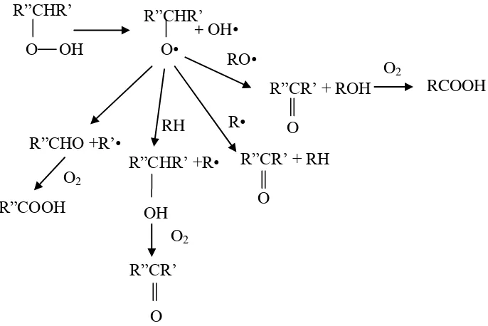Gambar 4. Pembentukan produk sekunder dari reaksi dekomposisi hidroperoksida                                         (R”, R’ = gugus alkil dengan panjang rantai berbeda,  R”CHOOHR’ =  senyawa peroksida, R”CHOR’ = radikal alkoksil, R”CHO = senyawa aldehida,