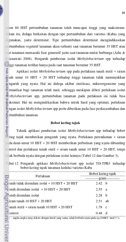 Tabel 12  Pengaruh aplikasi Methylobacterium spp isolat TD-TPB3 terhadap 